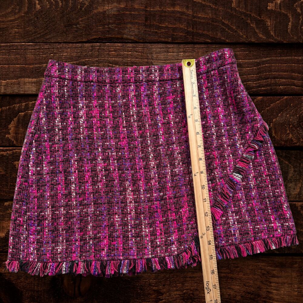 Zara Basic Magenta Pink Tweed Mini Skirt Fringe Trim Preppy Bouclé Medium - Picture 9 of 10